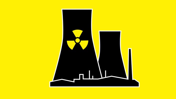 Ilustracija: crni obrisi nuklearne elektrane na žutoj pozadini