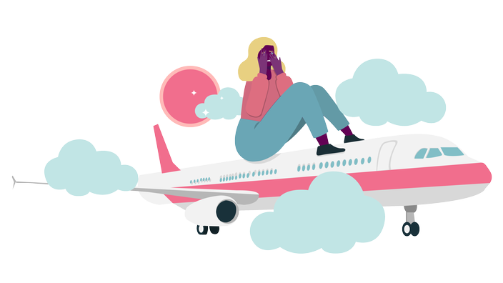 Crtež: osoba sedi na avionu i sakriva lice jer se stidi