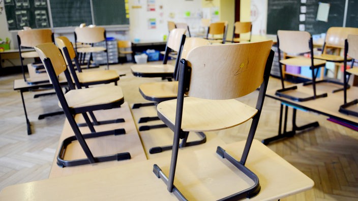 Prazna učionica, stolice podignute na klupe