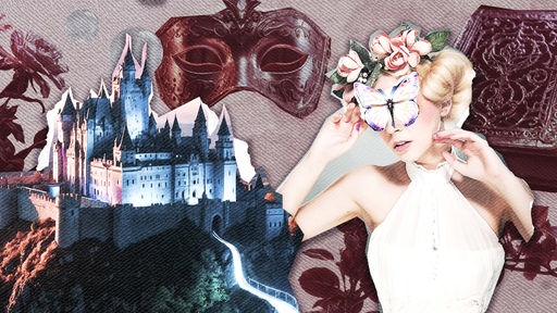 Symbolbild für den Hörspiel-Podcast "The Belles": Scherenschnitte von einem Schloss, einer Maske, einer Frau mit Schmetterling vor dem Gesicht und von einem Buch.