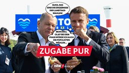 Satirische Foto-Montage: Olaf Scholz und Emmanuel Macron essen ein Fischbrötchen, Scholz sagt: "Das sind die Ergebnisse der Landtagswahlen" und Macron denkt: "Bei dem fraß würde ich auch die Populisten wählen"