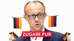 Friedrich Merz mit aus den Ohren hängenden Deutschlandflaggen