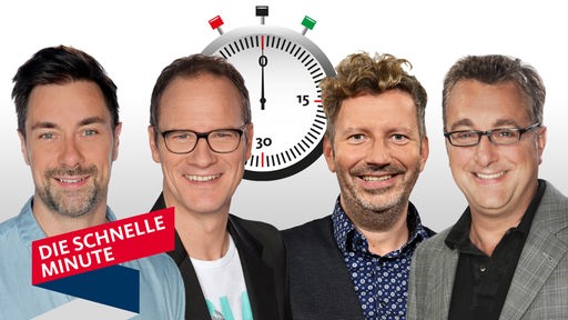 Die WDR 2 Moderatoren Marco Schreyl, Thomas Bug, Thorsten Schorn und Stefan Quoos - im Hintergrund eine Stoppuhr