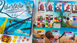 Die Spieleschachtel von Libertalia neben dem Spielplan, der eine exotische Insel mit verschiedenen Crewmitgliedern und unterschiedlichen Schatzmarkern zeigt