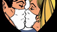 Ein Paar, das sich mit Maske küsst, ist in ein schwarzes Herz gerahmt.