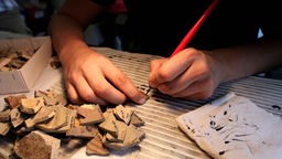 Symbolbild Archäologie - Mitarbeiter beschriftet gefunden Scherben