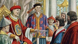 Marco Polo nimmt ein Schreiben von einem Mongolen, der auf einem Thron sitzt, entfgegen.