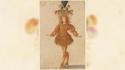 Die Malerei zeigt einen in orangenem Kostüm gekleideten Tänzer mit Federn auf dem Kopf.