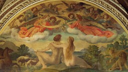 Fresko zeigt Adam und Eva, mit dem Rücken zum Betrachter, die zu Engelm am Himmel aufblicken