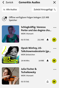 Screenshot der WDR 3 App zeigt die Offline-Funktion in der Detailansicht