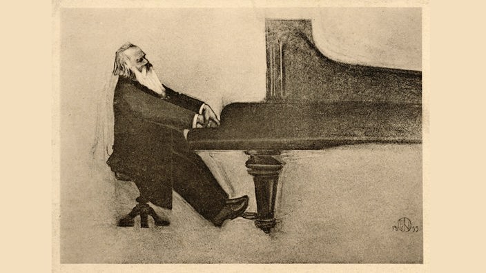Johannes Brahms, deutscher Komponist und Musiker, im Profil am Klavier spielend