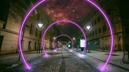 Eine Straße bei Nacht mit futuristischen lila Lichtbögen