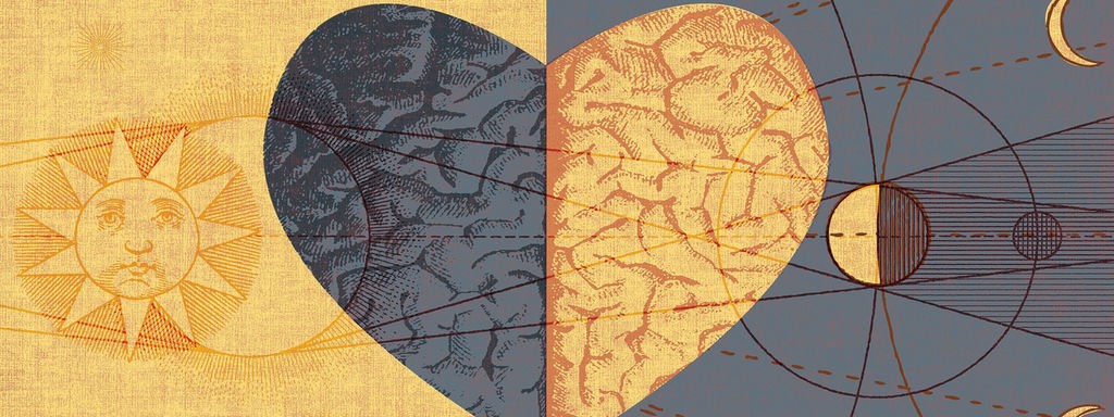 Illustration: Ein Herz mit der Struktur eines Gehirns, links daneben die Sonne, rechts daneben der Mond.