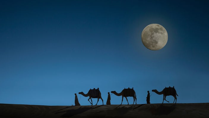 Eine Karawane zieht bei Vollmond durch die Sahara
