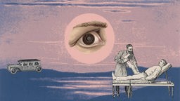 Collage zu Ror Wolfs "Die Vorzüge der Dunkelheit": An einem pink-blauen Himmel schwebt ein riesiges Auge, links fährt ein altmodisches Auto, rechts dehnt ein Mann das Bein eines anderen Mannes.