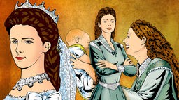 Kaiserin Sisi im Comicstil gezeichnet: Einmal als Braut, einmal strahlend mit Baby, einmal ernst.