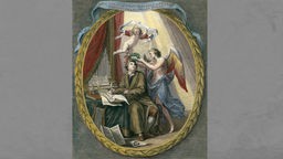 Die Inspiration des Komponisten (Georg Friedrich Händel). Kupferstich, um 1780 von Francesco Bartolozzi (1727-1815), nach Zeichnung von Giovanni Battista Cipriani (1727-1785). 
