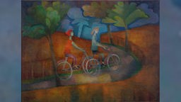 Gemälde "Radfahrt" von Carlo Mense zeigt zwei Radfahrende auf einem Weg zwischen Feldern und Bäumen. 