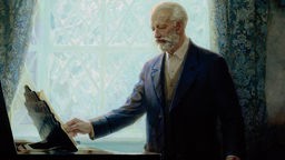 Tschaikowsky am Klavier stehend, gemalt, Portrait