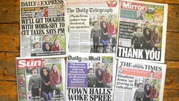  Britischer Zeitungen, die mit dem Bild von Kate, Prinzessin von Wales und ihren Kindern auf dem Titel aufmachen, liegen nebeneinander. 
