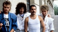 Queen: Brian May, Roger Taylor, Freddie Mercury und John Deacon im Jahr 1985