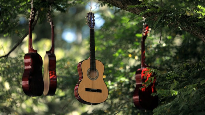 Akustische Gitarren hängen in einem Baum