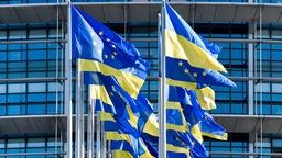 Flaggen der EU und der Ukraine wehen an Masten vor dem Europäischen Parlament in Straßburg. 