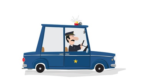 Zeichnung von einem Polizisten in einem Polizeiauto.