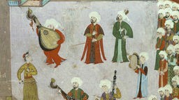 Türkische Buchmalerei aus dem 16. Jahrhundert, die mehrere Musiker in festlichen Gewändern zeigt. Abgebildet ist eine Darstellung des Festes des Sultan Murat III zur Beschneidung seines Sohnes Mehmet aus dem "Buch der Feste", 1583.