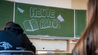 Symbolbild: Rückansicht von Schüler:innen vor einer Tafel, auf der "Heute Abitur" steht.