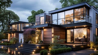 Moderne, hochwertige Mehrfamilienwohnungen in modernem architektonischen Stil, AI generiert.