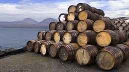 Whiskeyfässer liegen gestapelt auf der schottischen Insel Islay