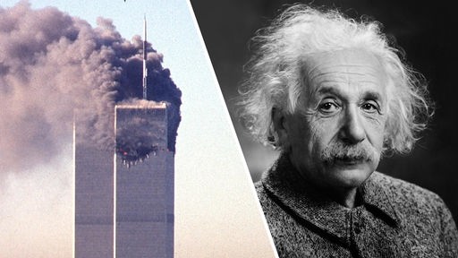 Collage: Links sind die rauchenden Türme vom 9/11 Anschlag, rechts der Physiker Albert Einstein zu sehen