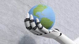 Ein 3D-animiertes Bild einer Roboterhand, die eine kleine Erdkugel hält.