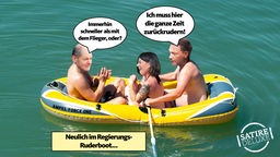 Satirische Fotomontage. Olaf Scholz, Annalena Baerbock und Christian Lindner sitzen in einem aufblasbaren Ruderboot