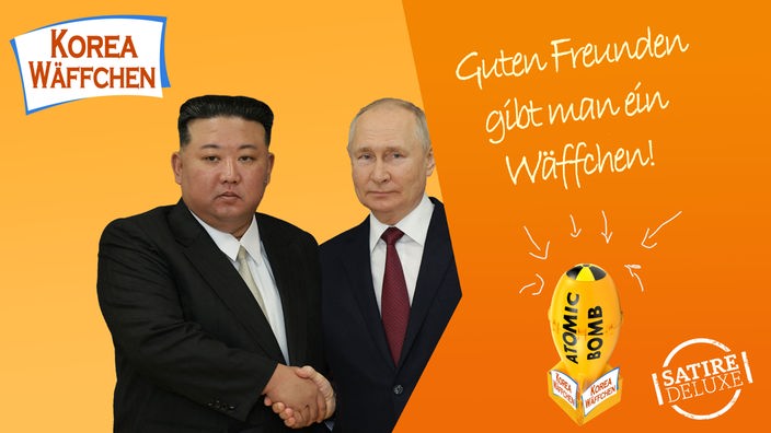 Montage von Kim Jong-Un und Wladimir Putin als Parodie auf Ferrero Küsschen Werbung