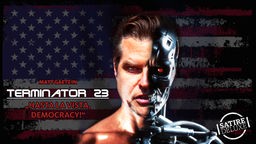 Satirische Montage von Matt Gaetz als Terminator: eine Gesichtshälfte sieht normal aus, die andere zeigt den Roboter unter der haut