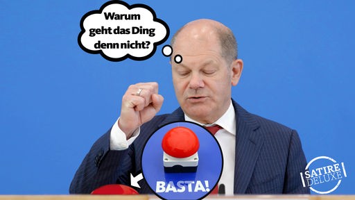 Satirische Bildmontage: Olaf Scholz haut auf einen roten Buzzer mit der Aufschrift "Basta!", der nicht funktioniert