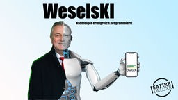 GDL-Chef Claus Weselsky als Chatbot, Halb-Mensch, Halb-Roboter.