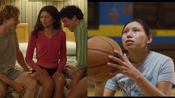 Tashi Duncan (Zendaya) sitzt zwischen Patrick (Josh O’Connor) und Art ((Mike Faist) auf einem Bett (linkes Bild), Sadia (Sadie Lapointe) wirft einen Basketball. 