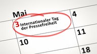 Ein Kalendereintrag am 3. Mai ist rot eingekreist mit der Notiz "Internationaler Tag der Pressefreiheit".