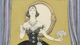 Der Ausschnitt eines gemalten Plakats für "La Dame aux Camélias" zeigt eine Frau in einem Kleid mit edlem Schmuck und einem Blumenstrauß.