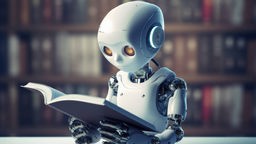 Ein kleiner KI-Roboter, der ein mit generativer KI-Technologie erstelltes Buch liest
