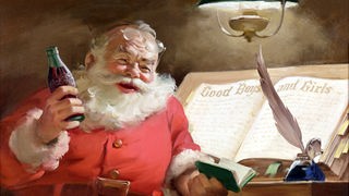 Gezeichnetes Werbebild des Weihnachtsmannes, der eine Flasche Cola in der Hand hält