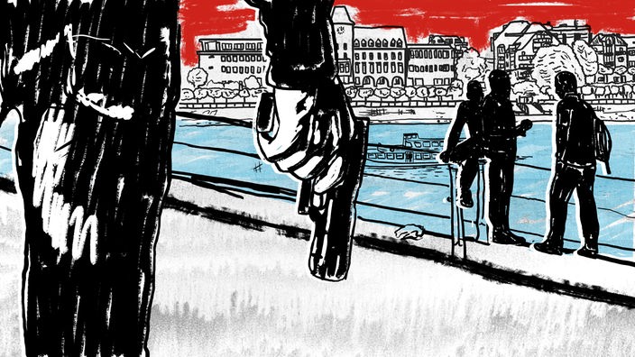 Die Grafik zum Tiefenblick "Der Schuss von Porz" zeigt im Hintergrund vier junge Männer am Rhein in Köln und im Vordergrund eine Hand die eine Waffe hält. 