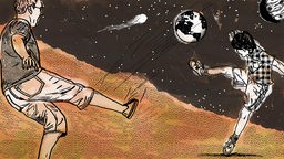 Illustration: Ein Erwachsener schießt einen Fußball ins Weltall, ein Junge kommt nicht an den Ball.