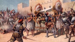 Gemälde mit spanischen Soldaten und indigenen Azteken