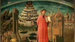 Dante Alighieri erleuchtet mit seinem Buch “Die Göttliche Kommödie” die Stadt Florenz. Links das Inferno, im Hintergrund das Purgatorio, oben das Irdische Paradies; rechts Stadtansicht von Florenz, Gemälde (1465) von Demonico di Michelino