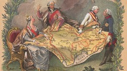 Katharina II., August von Polen, Joseph II. von Österreich und Friedrich II. von Preußen beugen sich über eine Karte (Kupferstich zur ersten Teilung Polens 1772)