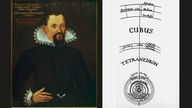 Der Astronom Johannes Kepler, Portrait um 1620 und Illustration zum 5. Buch 'De Harmoniis absolutissimis motuum coelestium' (Die vollkommensten Harmonien der Himmelsbewegungen). - Aus der Erstausgabe Linz (Johannes Plank), 1619.